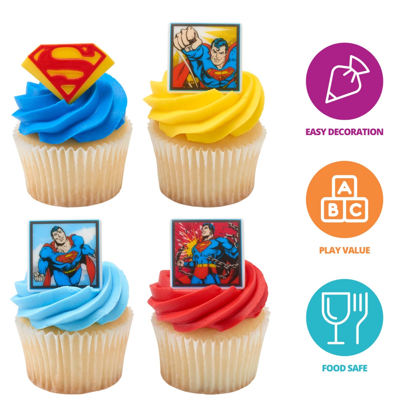 24 Superman Cupcake Rings, Superhero DC Cupcake Decorations, Food Safe Cake Toppers - 24 Pack