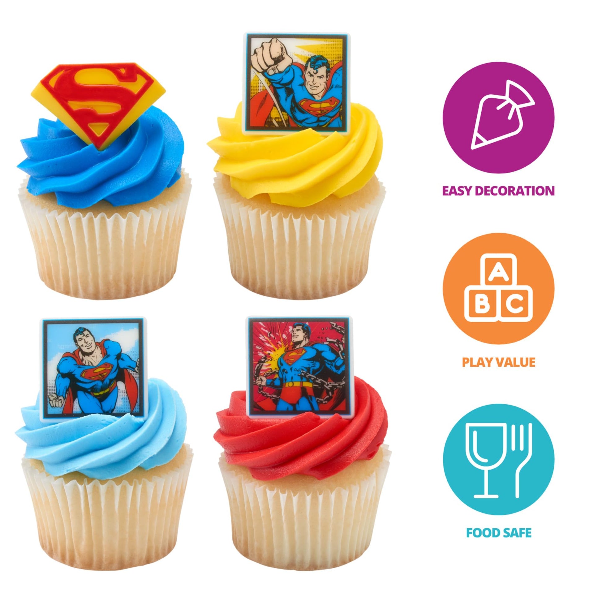24 Superman Cupcake Rings, Superhero DC Cupcake Decorations, Food Safe Cake Toppers - 24 Pack