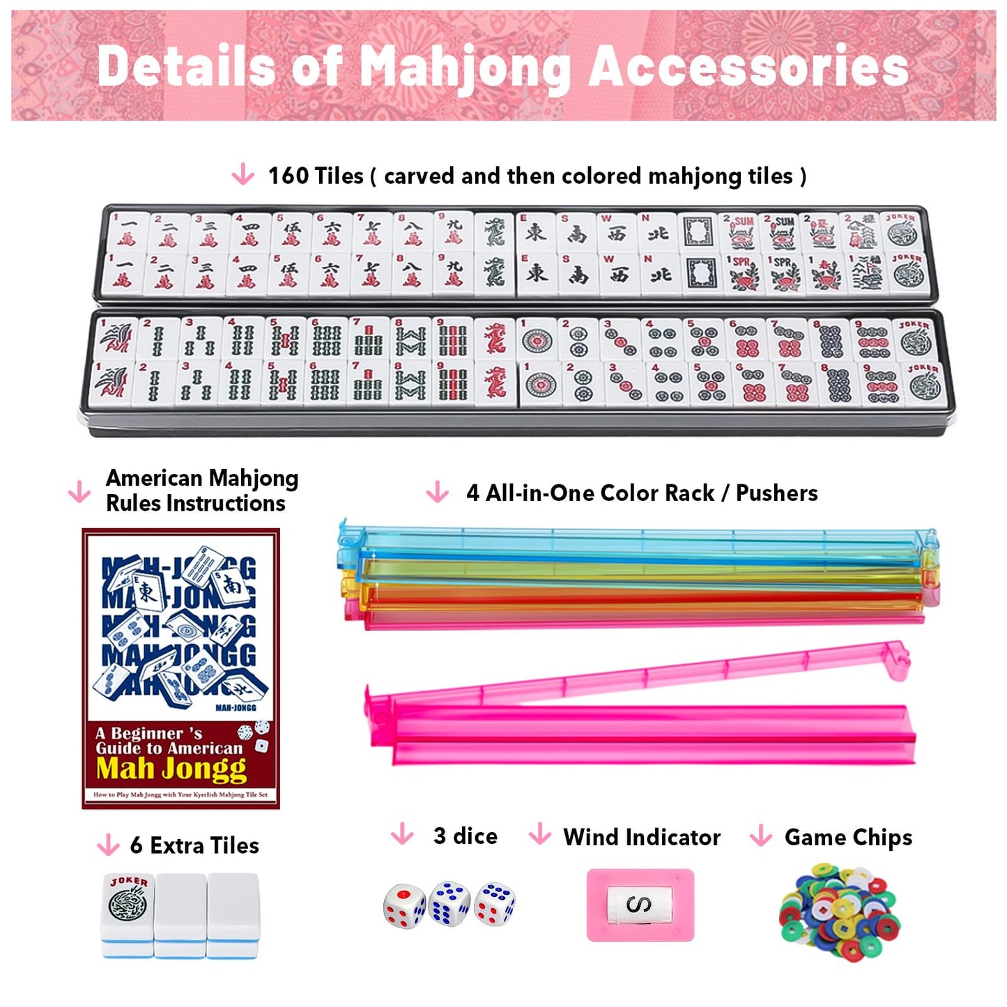 Kyerlish American Mahjong Tile Set with Pink Printed Carrying Bag, 166 Blue Tiles, 4 All-in-One Color Racks/Pushers, Mah Jongg Sets, Mahjong Game Set