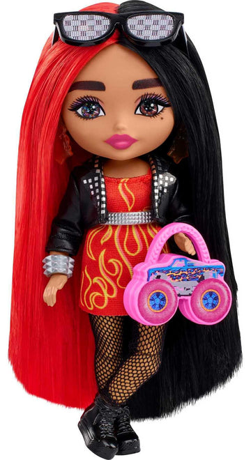 Barbie Extra Minis Doll & Accessories with Red & Black Hair Wearing Flame-Print Dress & Moto Jacket, 5.5-inch