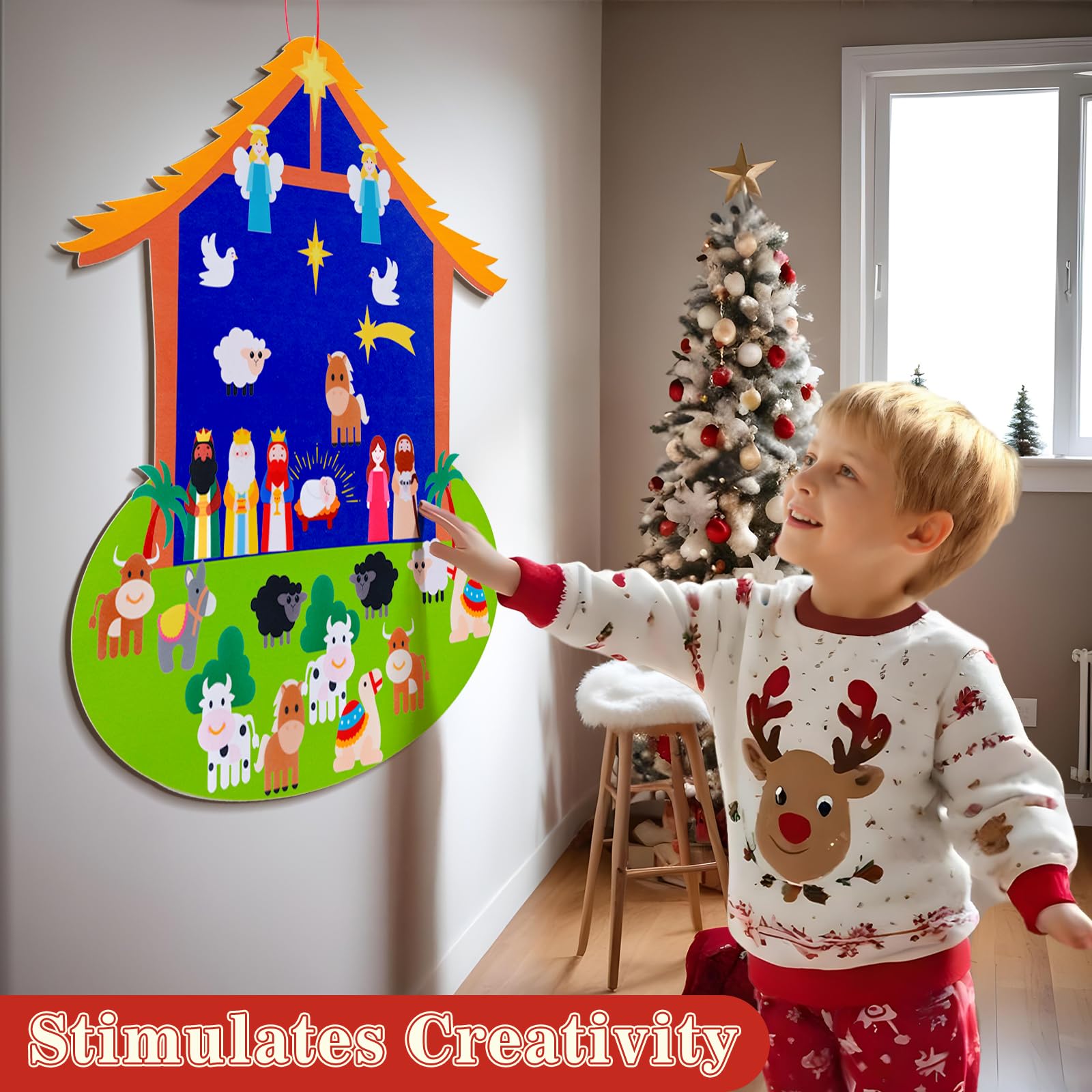 OurWarm Christmas Tree for Kids Wall - Felt Toddler Nativity Play Set With 30 Pcs Detachable Ornaments, Xmas Tree for Kids to Decorate Wall Hanging