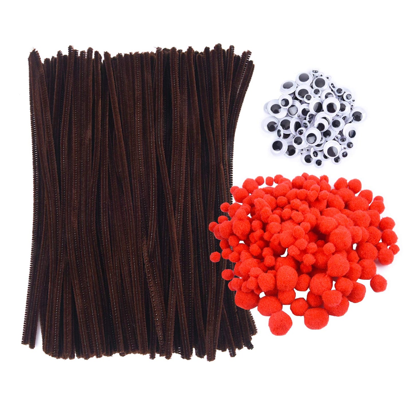 Livder Christmas Pipe Cleaners Set - 475 Pieces, 145 Brown Chenille Stems, 190 Red Pom Poms, 140 Wiggle Eyes for Crafts