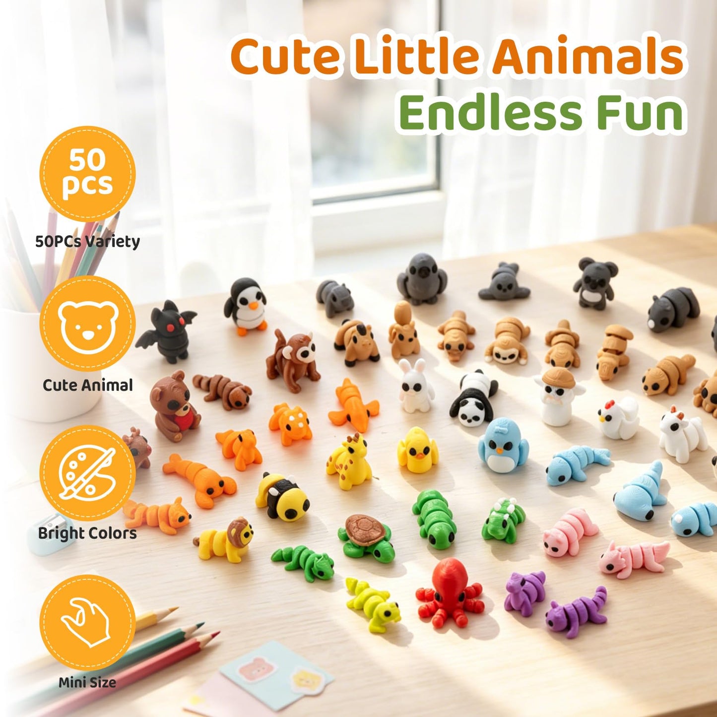 SJKHGU 50 Pcs Articulated 3D Printed Animals Bulk Set, Mini 3D Printed Animals, Pocket 3D Printed Toys, Desk Pets, Classroom Rewards, Party Favors