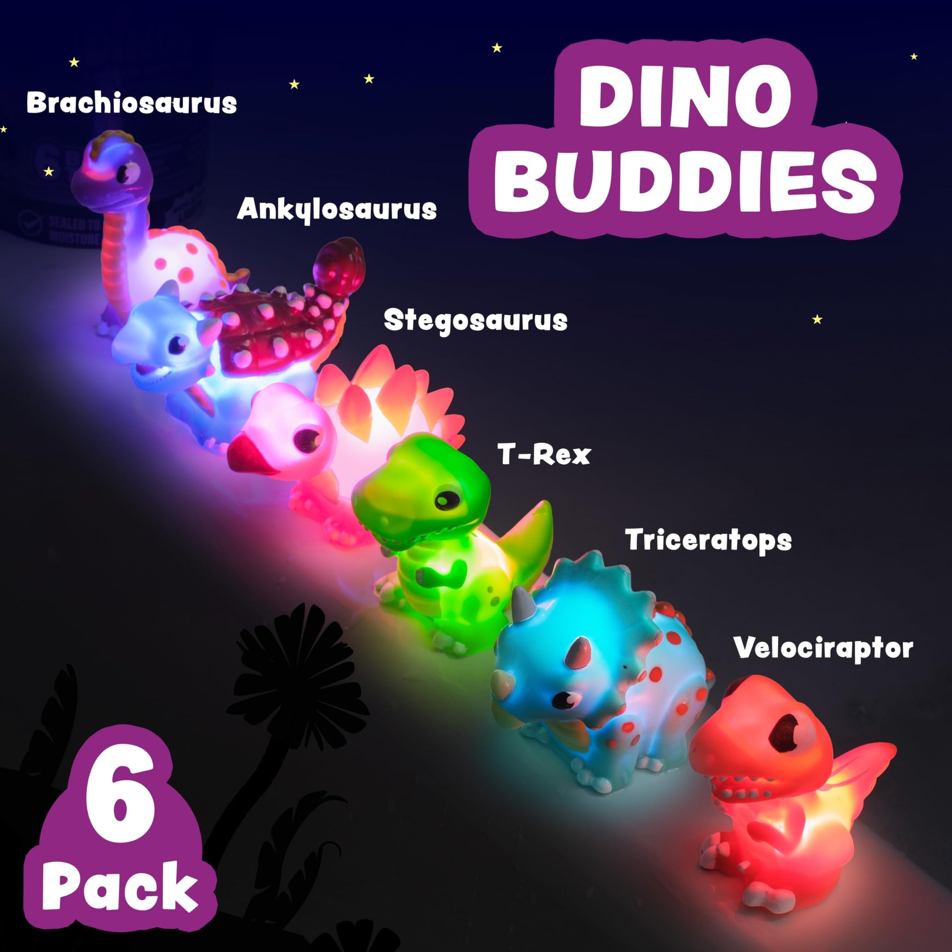 Tub Works® Dinos™ Dinosaur Light Up Bath Toys, 6 Pack | Water-Activated Light Up Toys Flash & Change Color | Easy-Grip Baby & Toddler Bath Toys |