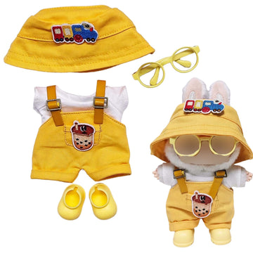 Compatible with Labubu - Casual Outfit Set for Collectible Figures - Yellow Overalls with Bucket Hat, Sunglasses & Boots - Fits Gen 1, 2, 3 (Yellow