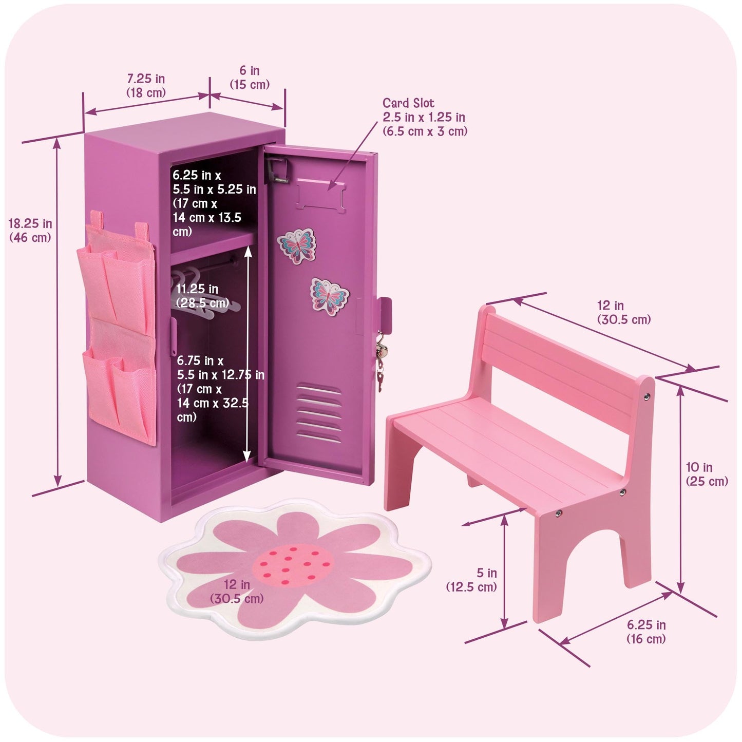 Badger Basket School-Style Single Doll Locker Set with Bench, Rug, and Accessories - Purple and Pink Design for 18-Inch Dolls