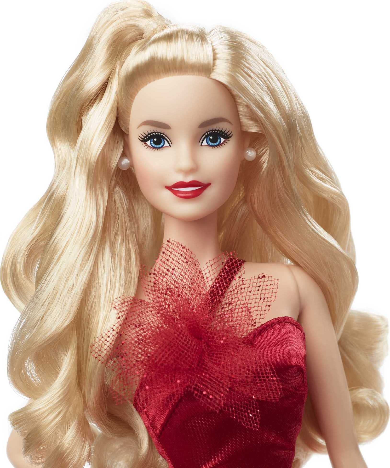 Barbie Signature 2022 Holiday Doll, Blonde Wavy Hair Wearing Red Poinsettia-Inspired Gown, Collectible with Doll Stand & Certificate of Authenticity