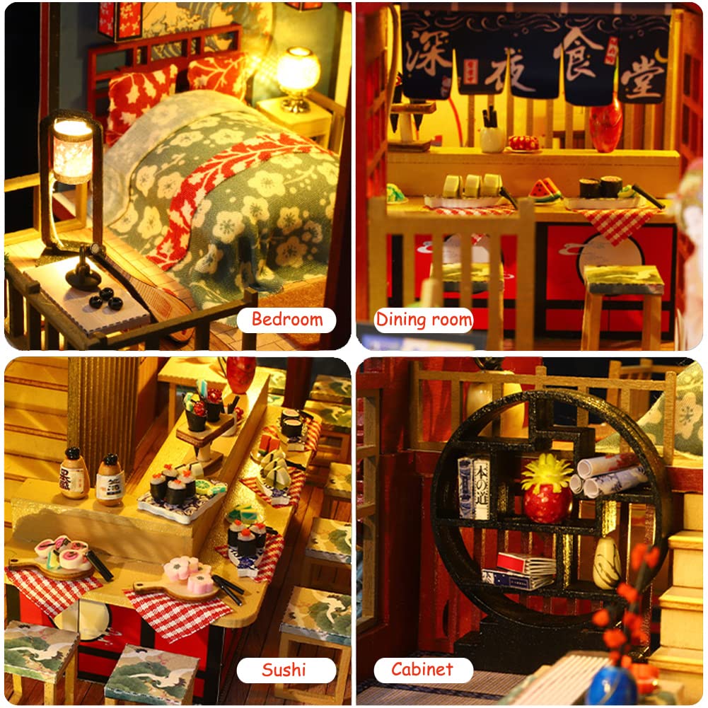 Yuzhen DIY Miniature Dollhouse with Furniture and LED Lights, Japanese Style Wooden Mini-Restaurant Includes Dustcover and Music Movement, Exquisite