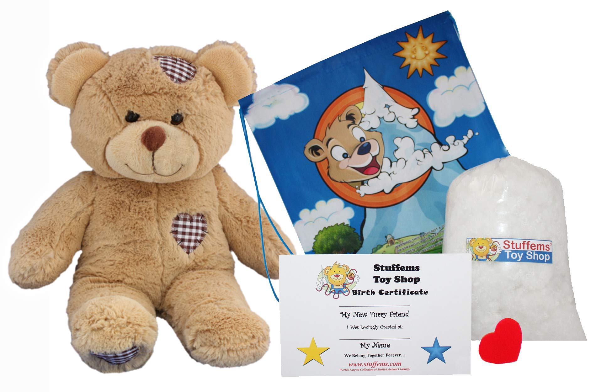 Stuffems Toy Shop Make Your Own Stuffed Animal 16" "Brown Patches Bear - No Sew - Kit with Cute Backpack!