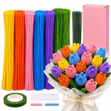 Pipe Cleaners Flowers Kit, DIY Tulip Bouquet Craft Kit with 350 Chenille Stems, 6 Colors Pipe Cleaners for Crafts, Flower Stems, Green Tape