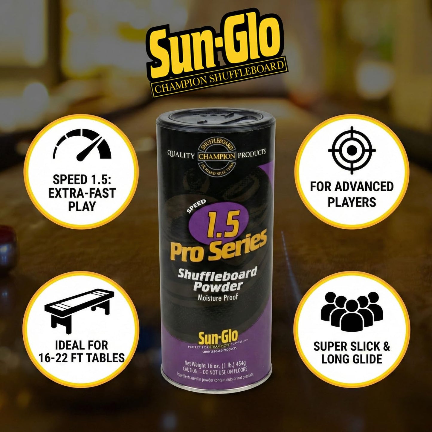 Sun-Glo Speed 1.5 (Pro Series) Shuffleboard Powder Wax - The Professional’s Choice for Speed & Accuracy - 16 oz Shaker Can (2 Pack)