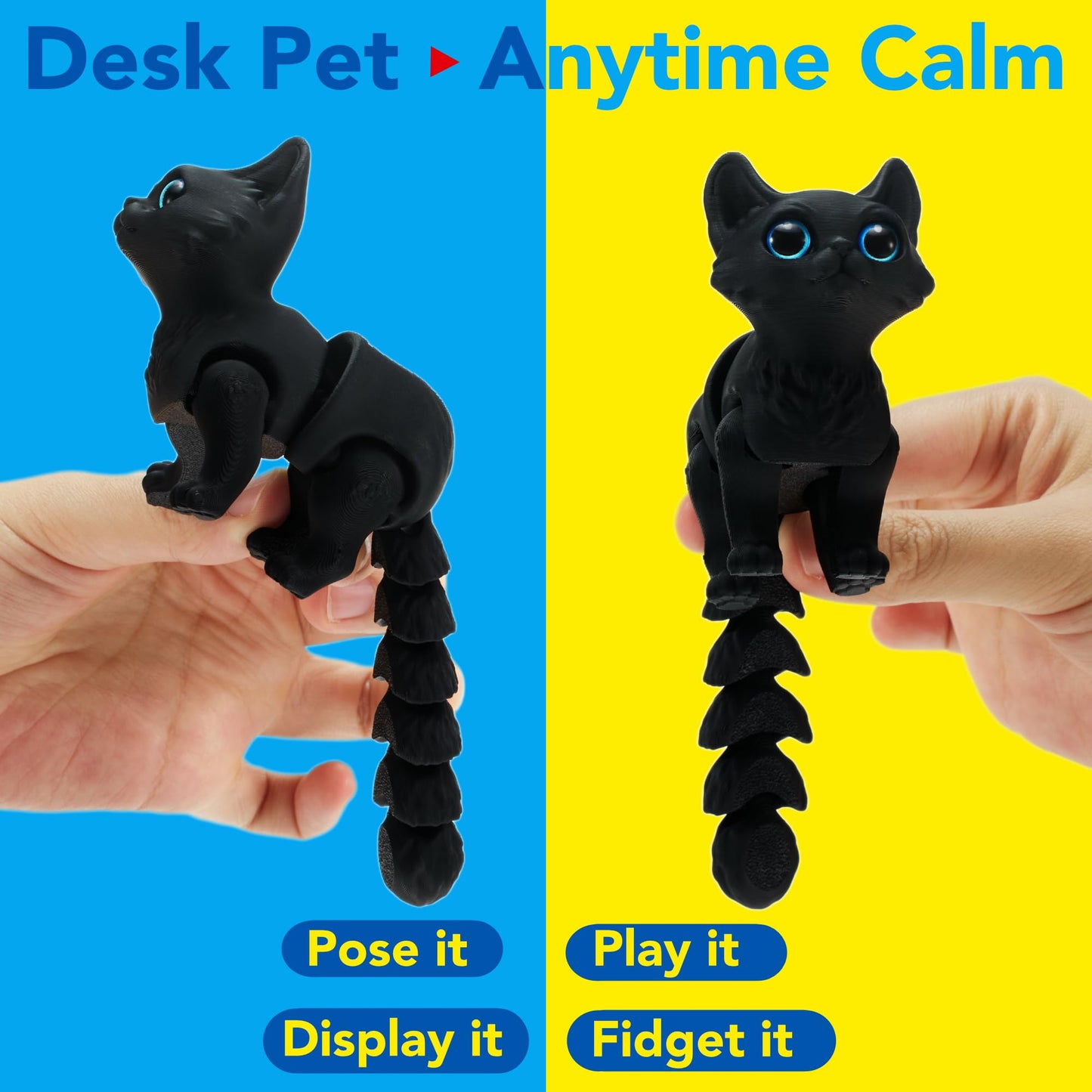 Maxdecoer 3D Printed Articulated Cat Fidget Toy, Poseable Flexible Joint Kitty Desk Toy, Big-Eye Cat Figurine Desktop Decor, Stress Relief Gift (Matte