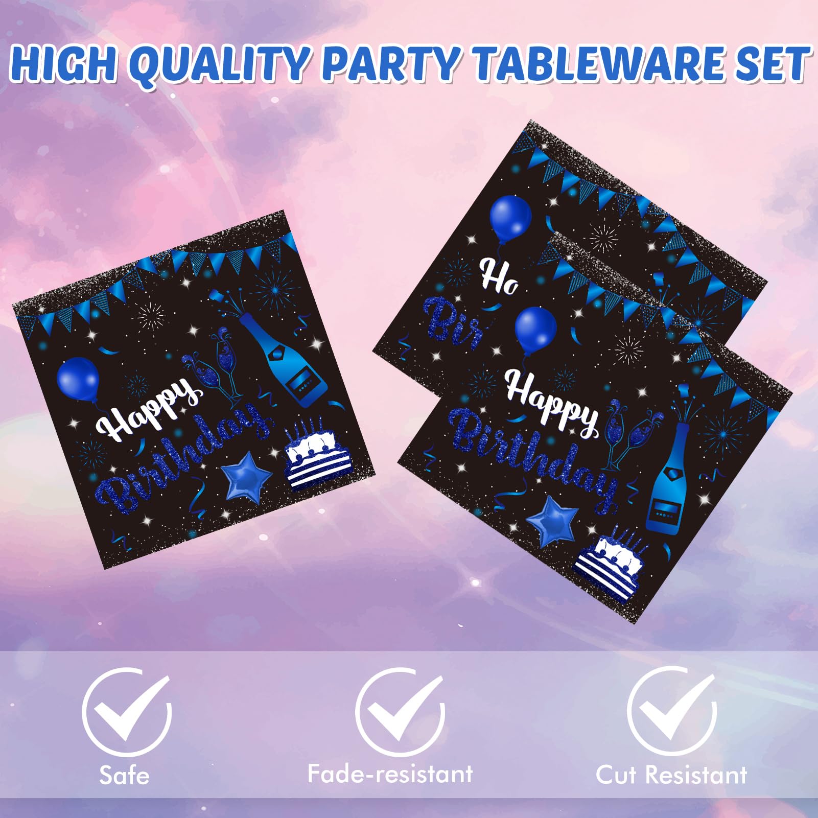 Happy Birthday Decorations Navy Blue Black Birthday Party Decorations Disposable Paper Plates and Napkins for Women Men Baby Shower Supplies