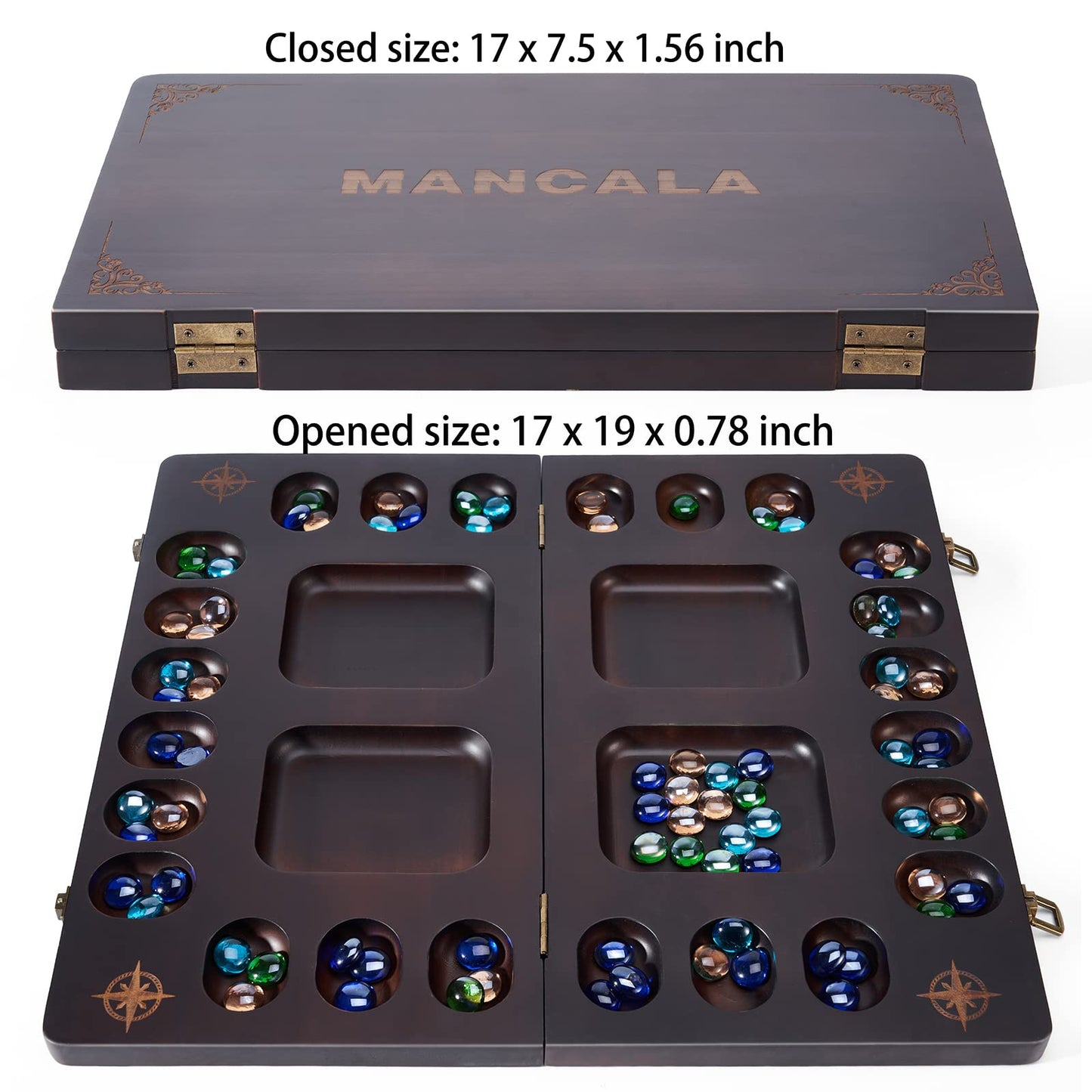 VAMSLOVE Mancala 4 Player Board Game Set, Luxury Solid Wood Folding Mancala Board, 96+12 Bonus Multi Color Glass Stone Beads Game Instructions