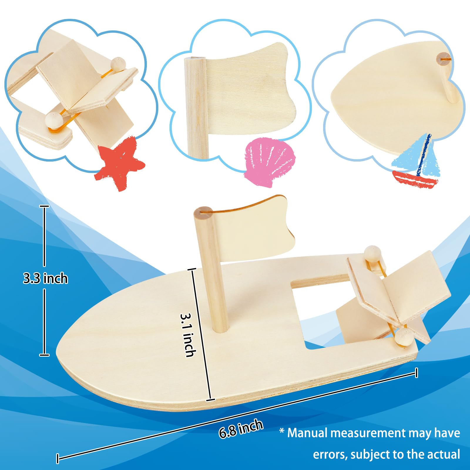 Amersumer 10 Pcs DIY Toy Wood Boat Craft Kits, Mini Wooden Sailboat Kits, Paddle Boats Paint and Decorate for School Projects, Make Your Own Sailboat