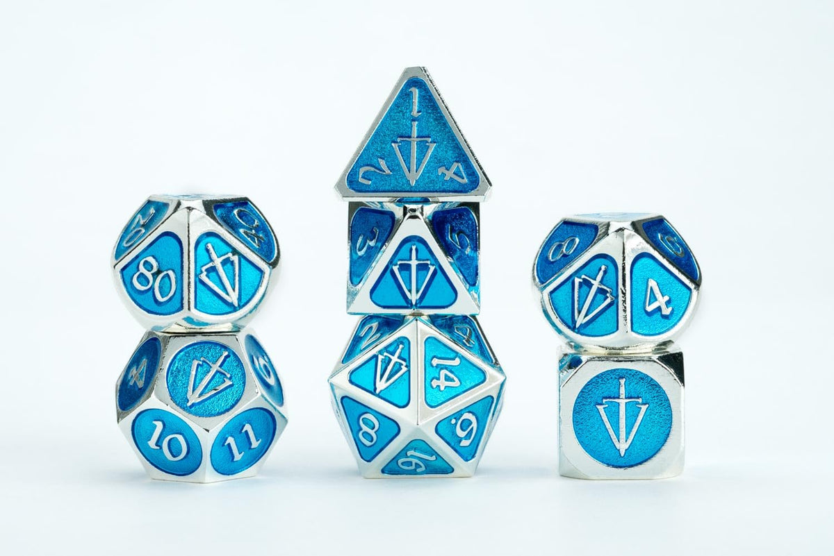 FanRoll Tales of The Valiant Metal Dice Set, Silver with Light Blue Enamel, Set of 7