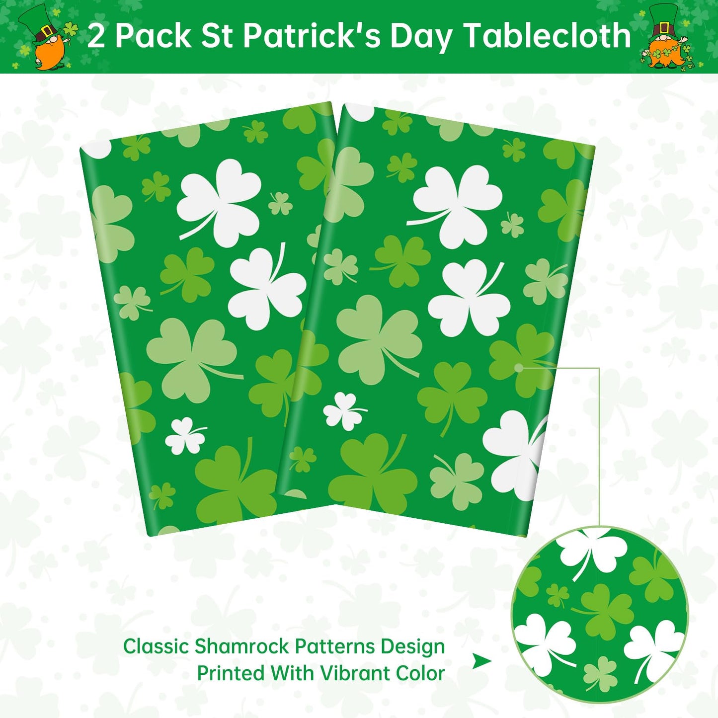 2 Pack St Patrick's Day Tablecloth - Green Shamrock Table Cloth, Plastic Disposable Rectangle Luck Irish Clover Table Cover for Saint Patrick Day