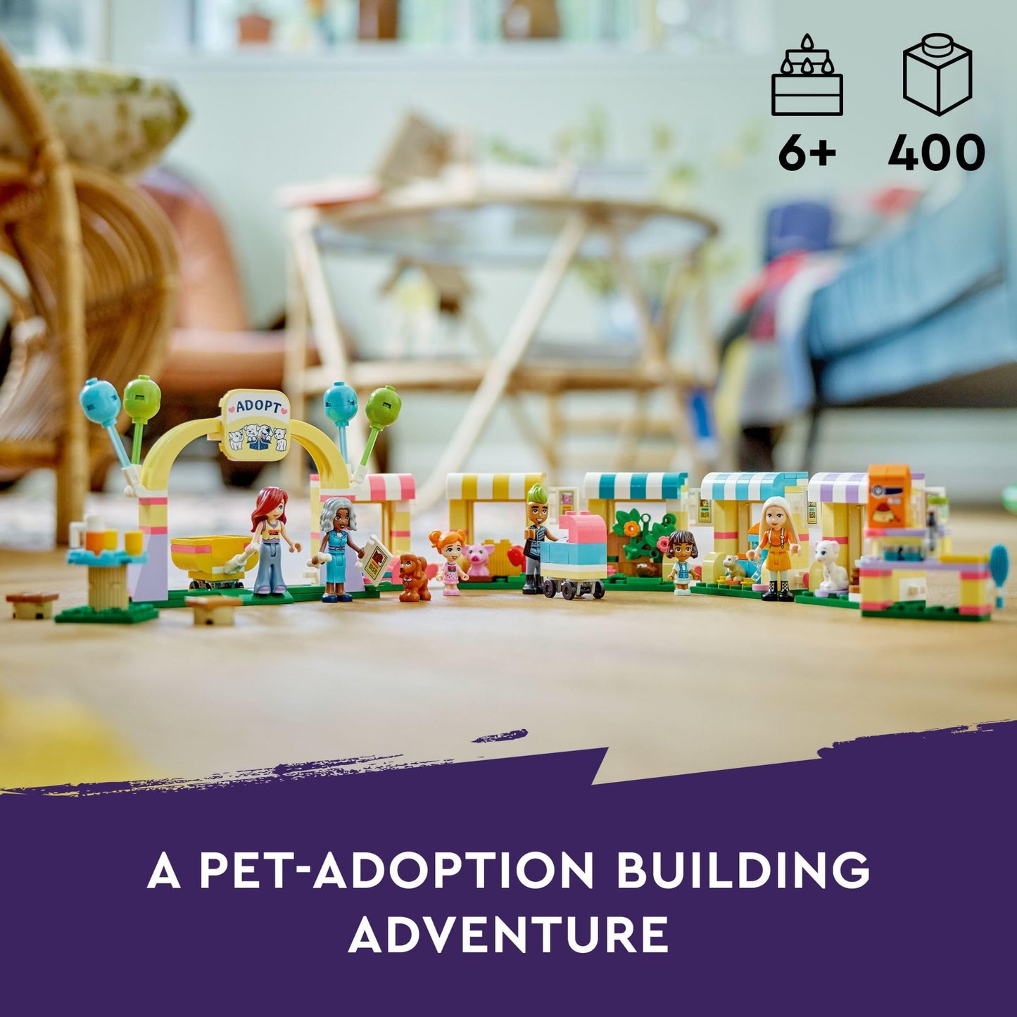 LEGO Friends Pet Adoption Day Toy, Animal Set, Pretend Play, Gift Idea for Kids, Girls and Boys Aged 6 Years and Up, with 7 Characters and 5 Animal