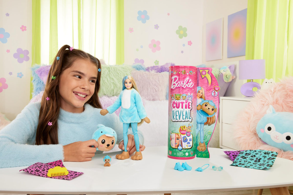 Barbie Cutie Reveal Doll & Accessories with Animal Costume & 10 Surprises Including Color Change, Teddy Bear as Dolphin in Costume-Themed Series