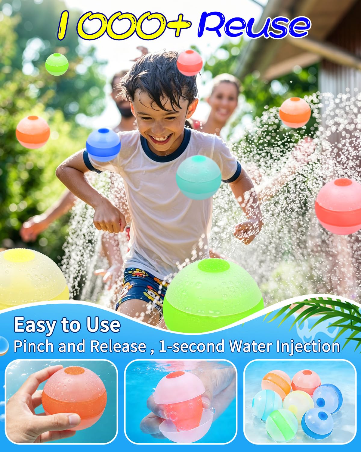 Reusable Water Balloons, Quick Fill Self-Sealing Water Bomb Balloons, Refillable Silicone Water Splash Ball with Mesh Bag for Kids Summer