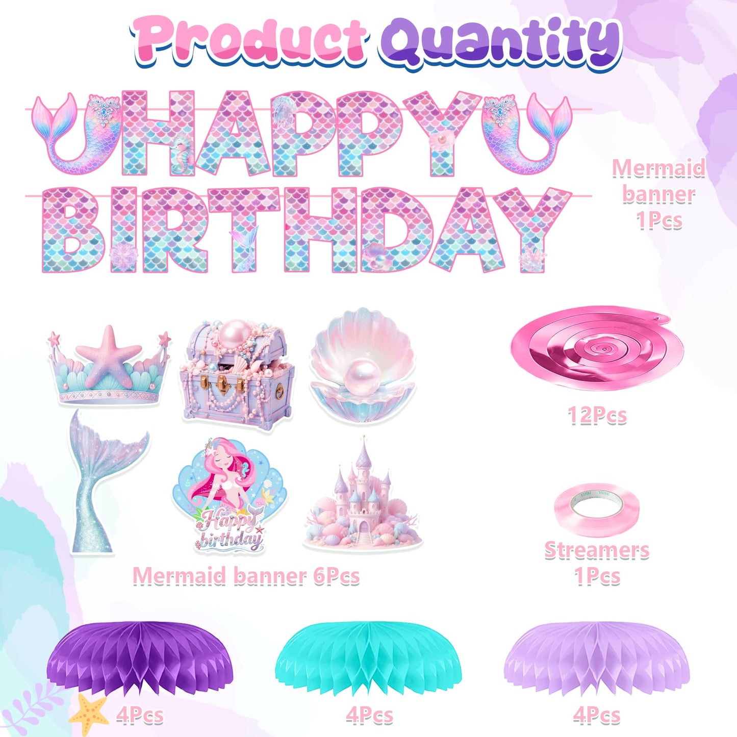 Mermaid Birthday Decorations Mermaid Birthday Party Supplies Banner Hanging Swirls Honeycomb Centerpiece for Girls Mermaid Party Decorations