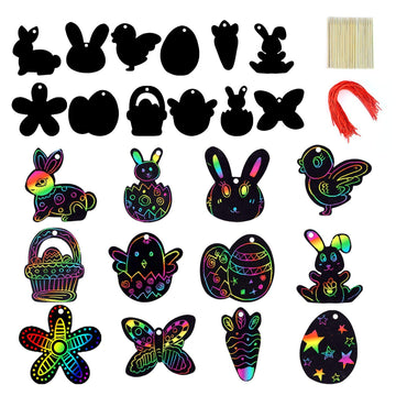 JOYIN 72 Pcs Easter Scratch Paper Set (12 Designs) Rainbow Scratch Art Easter Crafts Kit for Kids with Wooden Stick and Ribbon, Rainbow Color Scratch