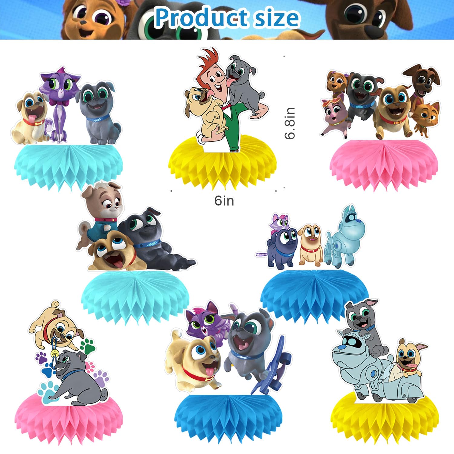 Puppy Dog Pals Party Decorations Honeycomb Centerpiece, 8 Pieces Puppy Dog 3D Double Side Cake Toppers Table Centerpieces, Puppy Pals Photo Backdrop