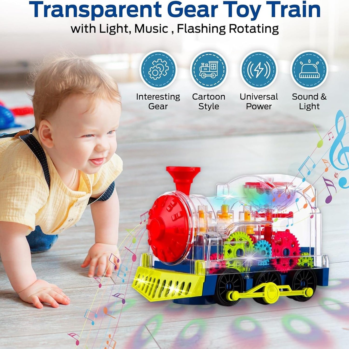 TOOTY TOY Light Up Transparent Gear Train Toy for Toddlers, Musical LED Crawling & Tummy Time Baby Toy, Educational Sensory Toys for Infants, Boys