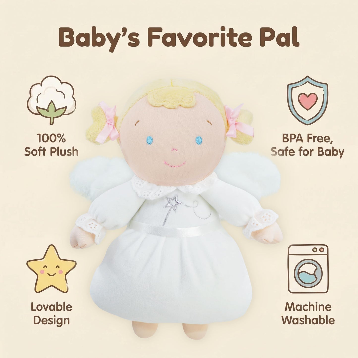 June Garden 9" My First Angel Doll Aniela - Soft Plush Baby Doll - Gift for Infants and Toddlers