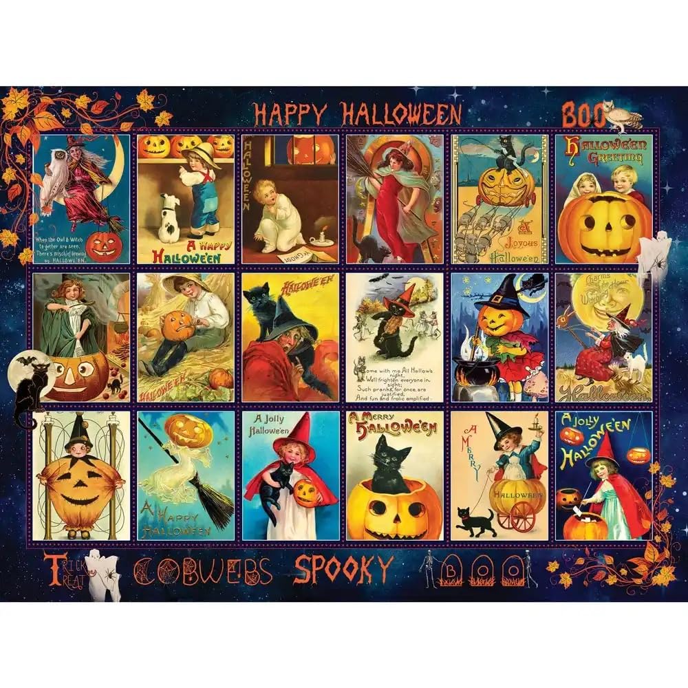 Bits and Pieces - Vintage Halloween Jigsaw Puzzle for Adults - Pumpkin Collage Spooky Postcard Puzzle by Artist Finchley Paper Arts Ltd - Unique