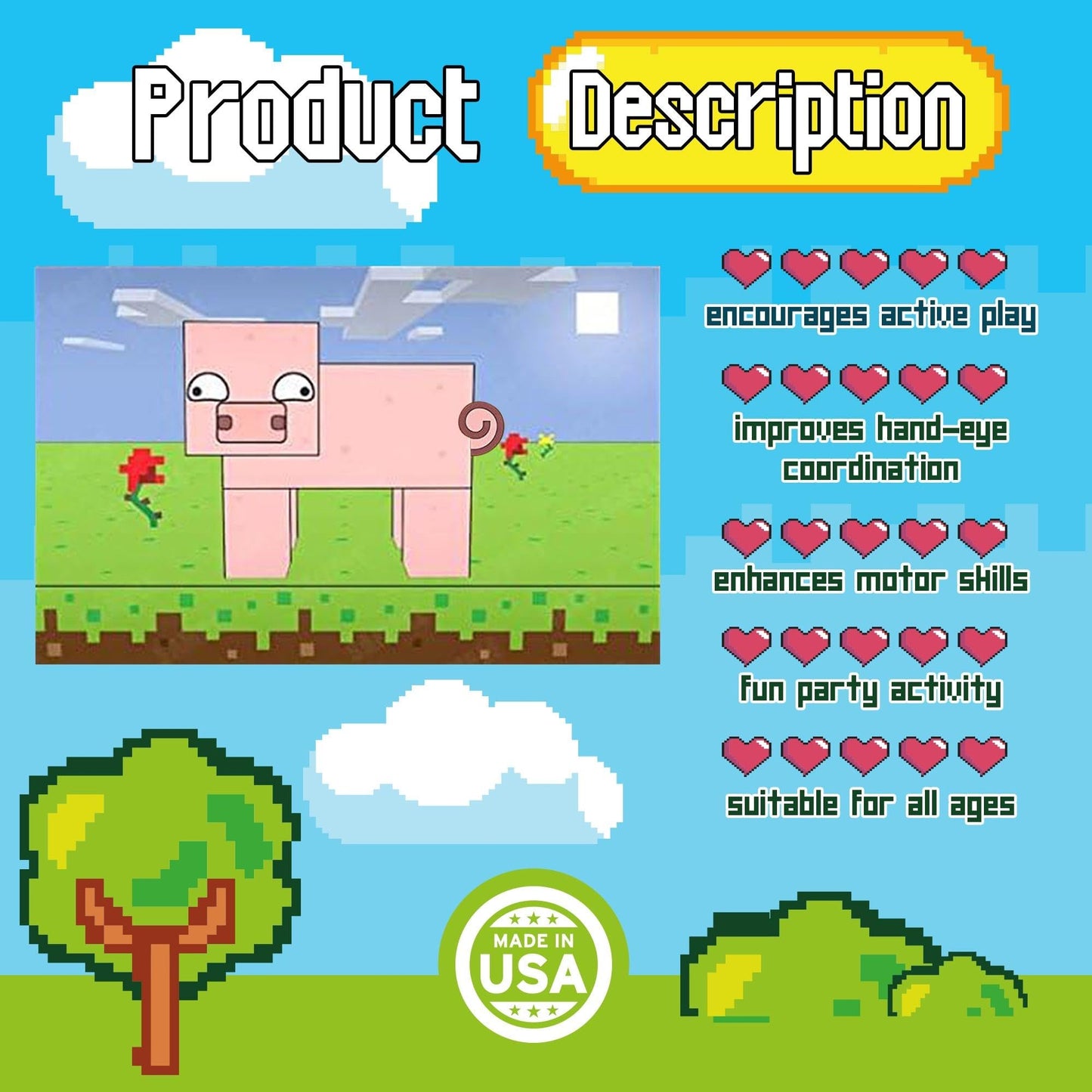 Silly Goose Gifts Pin The Tail On The Pig - Fun Kids Birthday Party Supply Celebration Activity - Pixel Block Video Game Themed Mining Craft Adventure