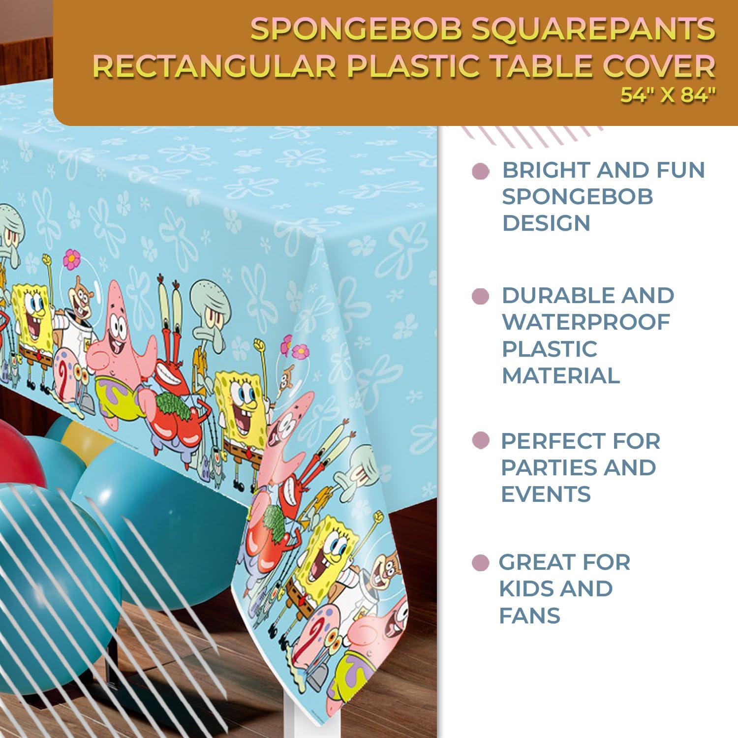Spongebob Squarepants Plastic Table Cover - 54" x 84" (1 Pc) - Rectangular Tablecloth - Perfect for Kids Birthdays & Parties