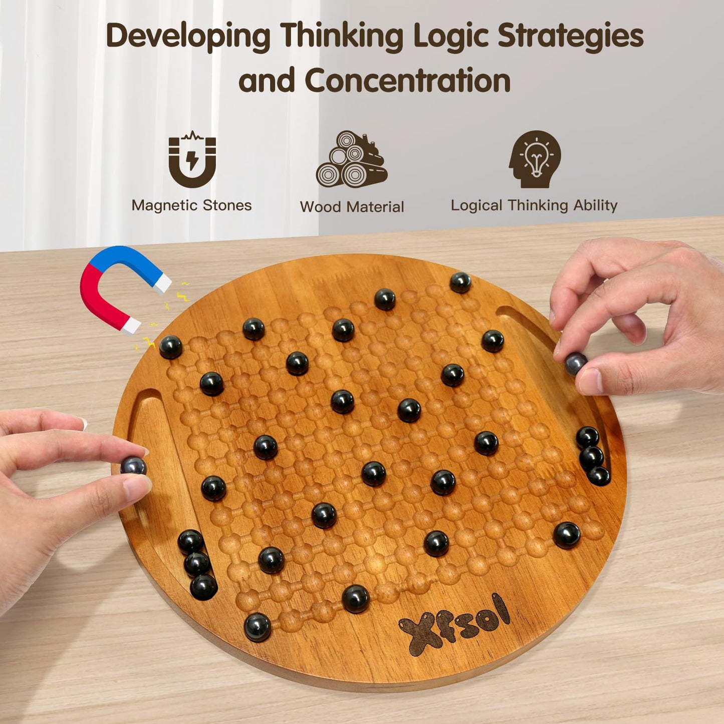 Magnetic Chess Game Set,Double Sided Hardwood Board Game with 30Pcs Magnet Balls,Develop Intelligence,Brain Exercise Magnetic Strategy Games
