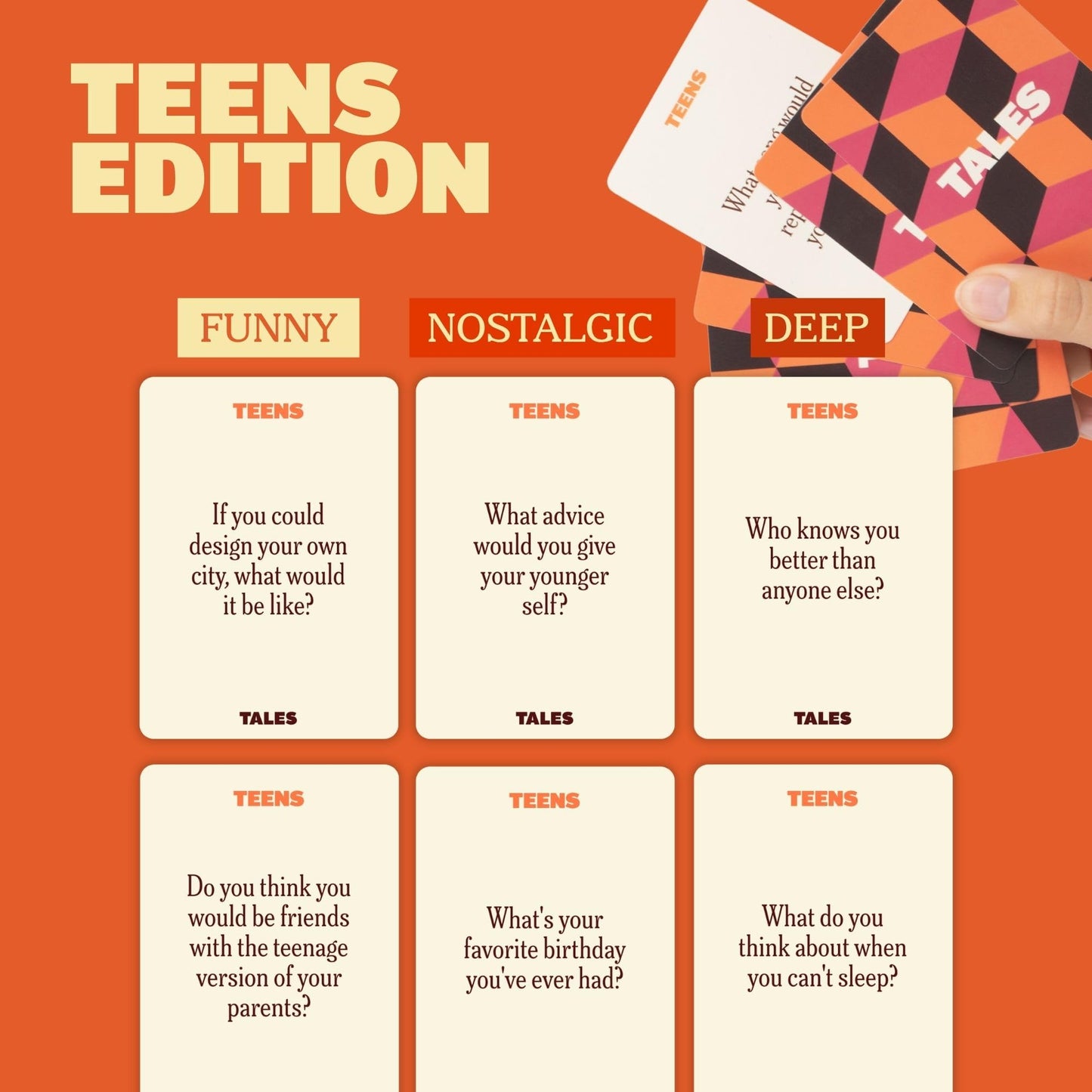 TALES 150 Conversation Cards, Teens Edition, Fun Family Games for Teens, Perfect for Dinners, Road Trips, Classrooms & Game Nights, Gifts