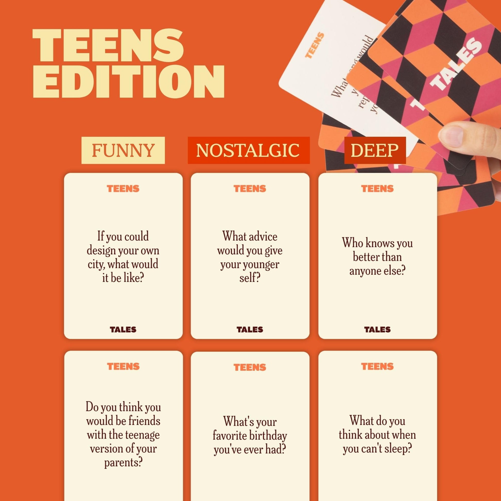 TALES 150 Conversation Cards, Teens Edition, Fun Family Games for Teens, Perfect for Dinners, Road Trips, Classrooms & Game Nights, Gifts