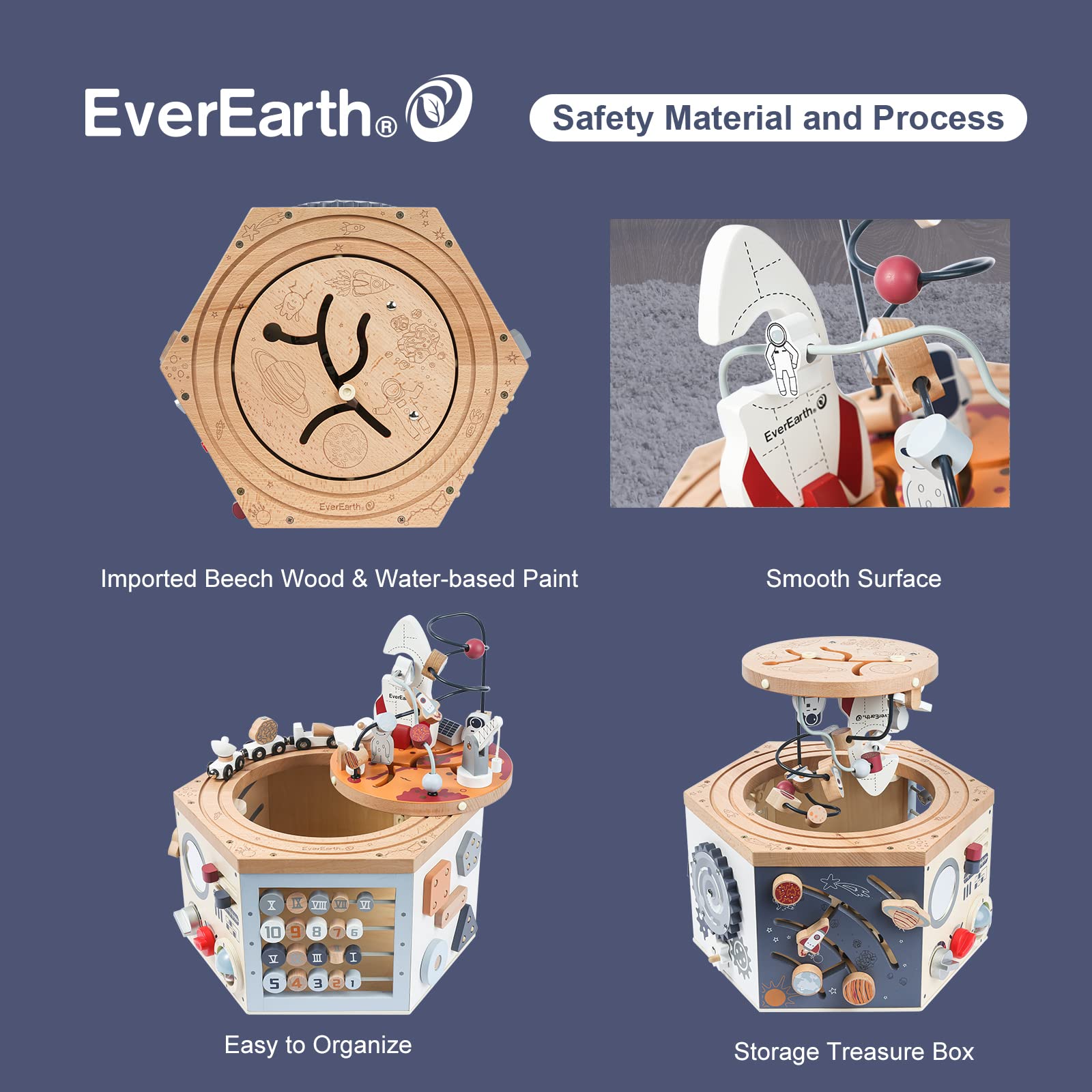 EverEarth Wooden Activity Cube with Bead Maze, Space Activity Cube for Toddlers 1-3 Girls Boys Multi Play Educational Learning Montessori Cube Toddler