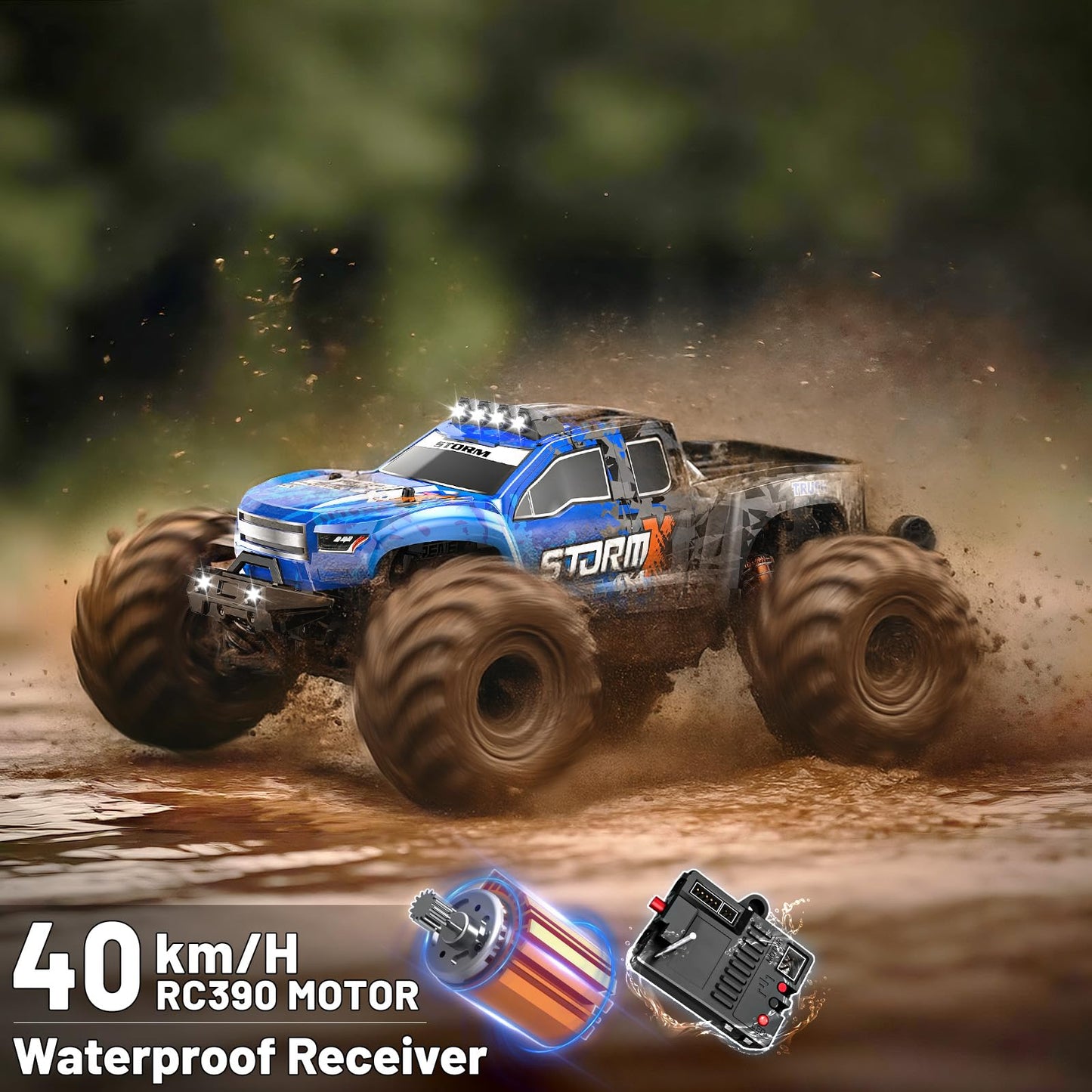 Cirmine RC Cars 1:14 All Terrain Off-Road RC Truck, 4WD Fast Remote Control Car 40 KM/H, 4X4 Waterproof Monster Truck with 2×1300mAh Batteries, Metal