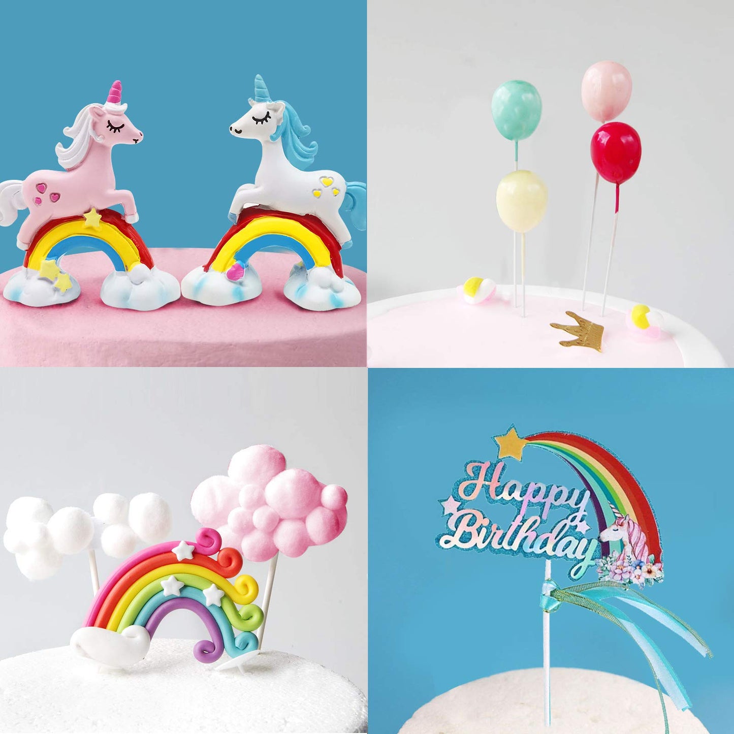 MOVINPE Unicorn Cake Topper, 2 Magic Unicorns Sculpture, 1 Rainbow, 1 Happy Birthday Banner, 2 Cloud, 4 Balloon, 12 Stars, 1 Moon, Cake Decoration