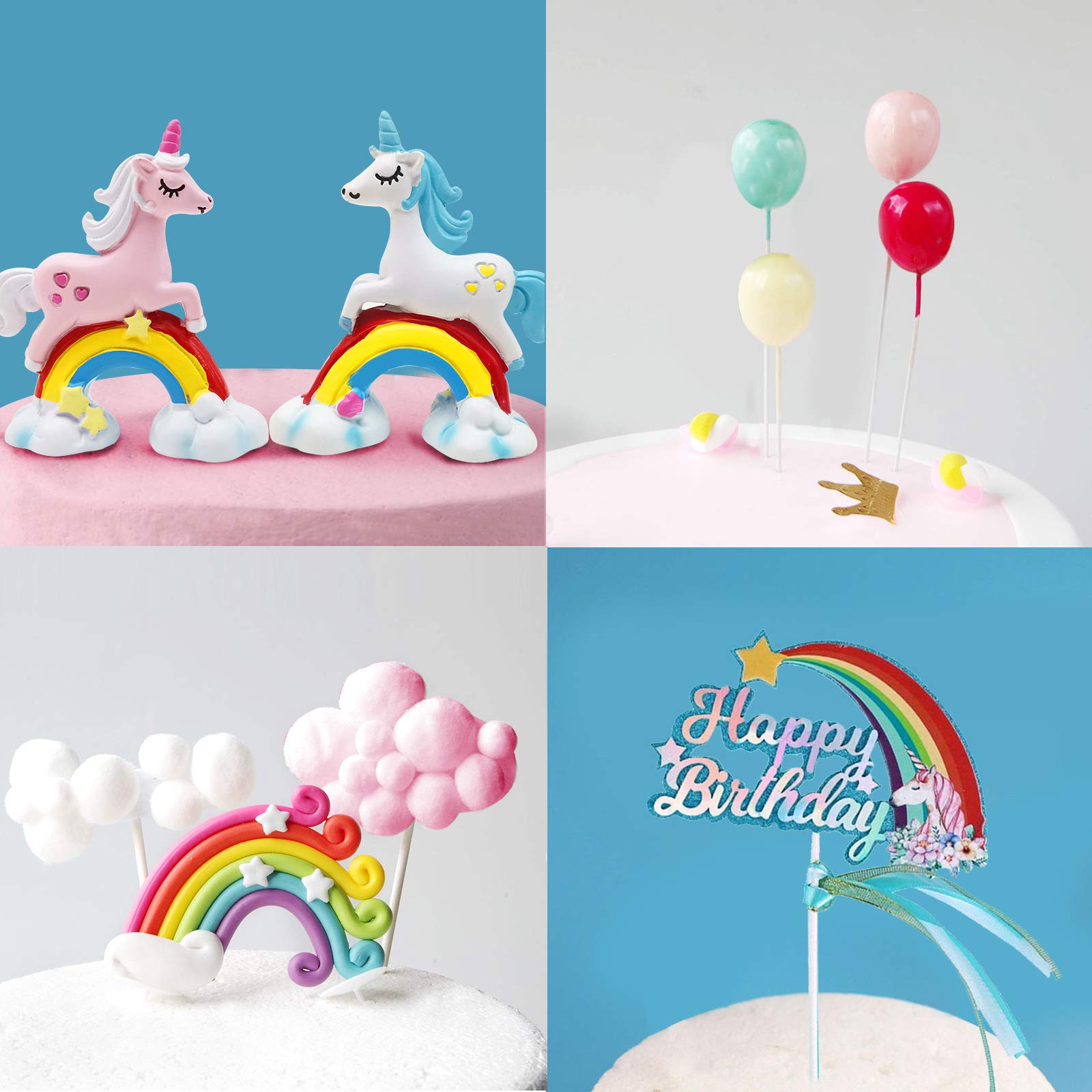 MOVINPE Unicorn Cake Topper, 2 Magic Unicorns Sculpture, 1 Rainbow, 1 Happy Birthday Banner, 2 Cloud, 4 Balloon, 12 Stars, 1 Moon, Cake Decoration