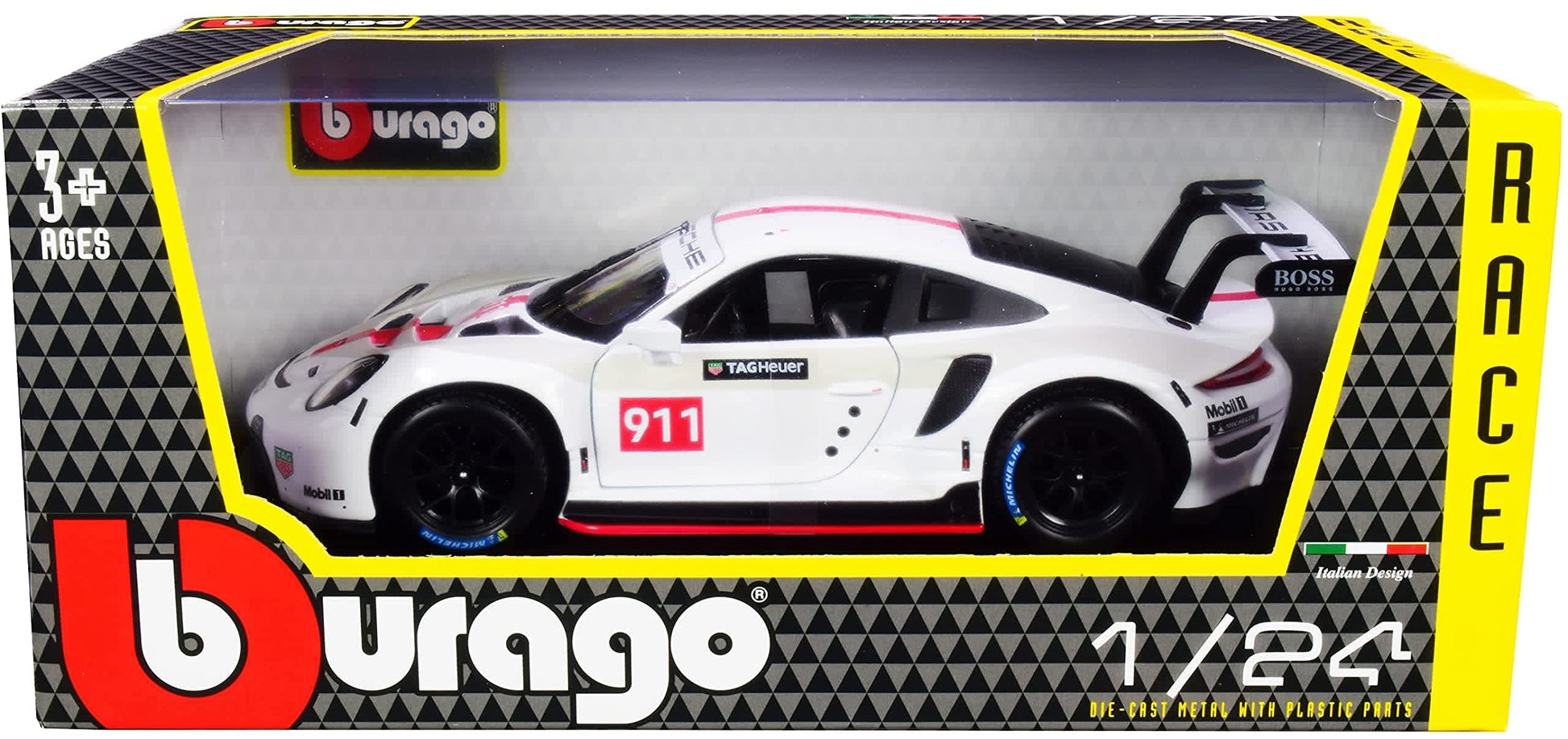 Bburago Die Cast Model Cars Porsche 911 RSR GT #911 White Race Series 124 Diecast Model Car by Bburago 28013