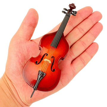 Dselvgvu Wooden Miniature Double Bass with Stand,Bow and Case Mini Contrabass Replica Mini Musical Instrument Collectible Miniature Dollhouse Model