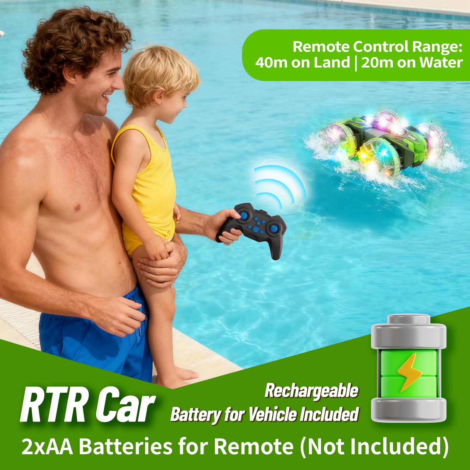 MOMONOVA Amphibious RC Stunt Car for Kids 4-12, Waterproof Remote Control Car with Colorful LED Wheels, 4WD Double-Sided 360° Flips, Car Toy for Pool