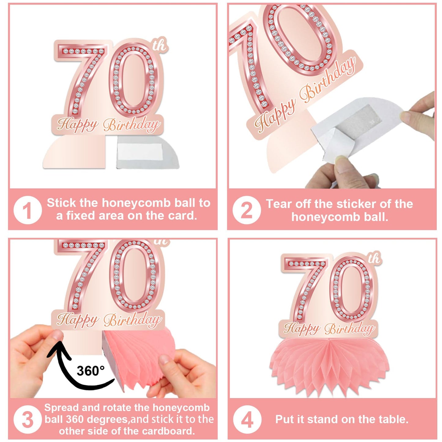 Happy 70th Birthday Rose Gold Table Honeycomb Centerpieces Balloons Theme Decor Table Decorations Table Toppers for Girls Women Sweet Princess 70