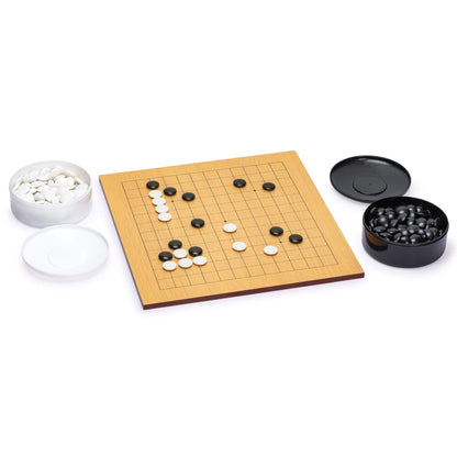 Yellow Mountain Imports Beechwood Veneer (0.4-Inch) Etched Beginner's Reversible 9x9/13x13 Go Game Set Board with Double Convex Melamine Stones