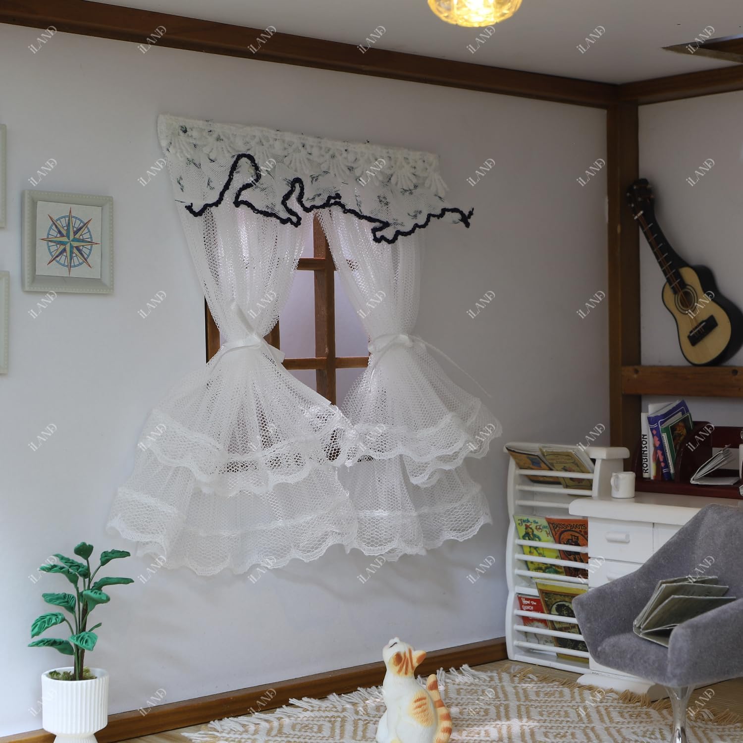 iLAND 1/12 Scale Accessories Miniature Dollhouse Curtains Delicate White Sheer Lace Curtains with Blue Trim 2PCS for Dollhouse Windows Furniture Cute