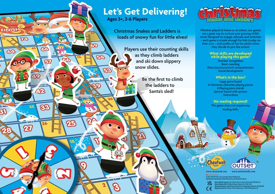 Christmas Snakes and Ladders - No Reading Required, Preschool & Kids Board Game, Builds Children's Social & Developmental Skillls, Outset Media, Ages
