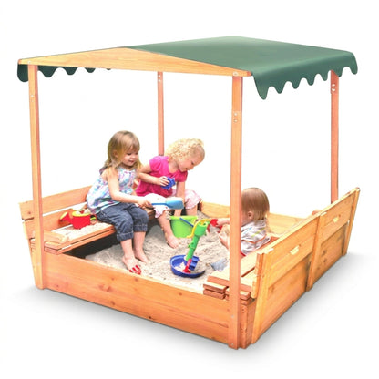 Badger Basket Sandbox for Kids with Canopy & Benches - Outdoor Convertible Wooden Sandbox with Lid, UV Shade & Built-In Seating - Backyard Playset