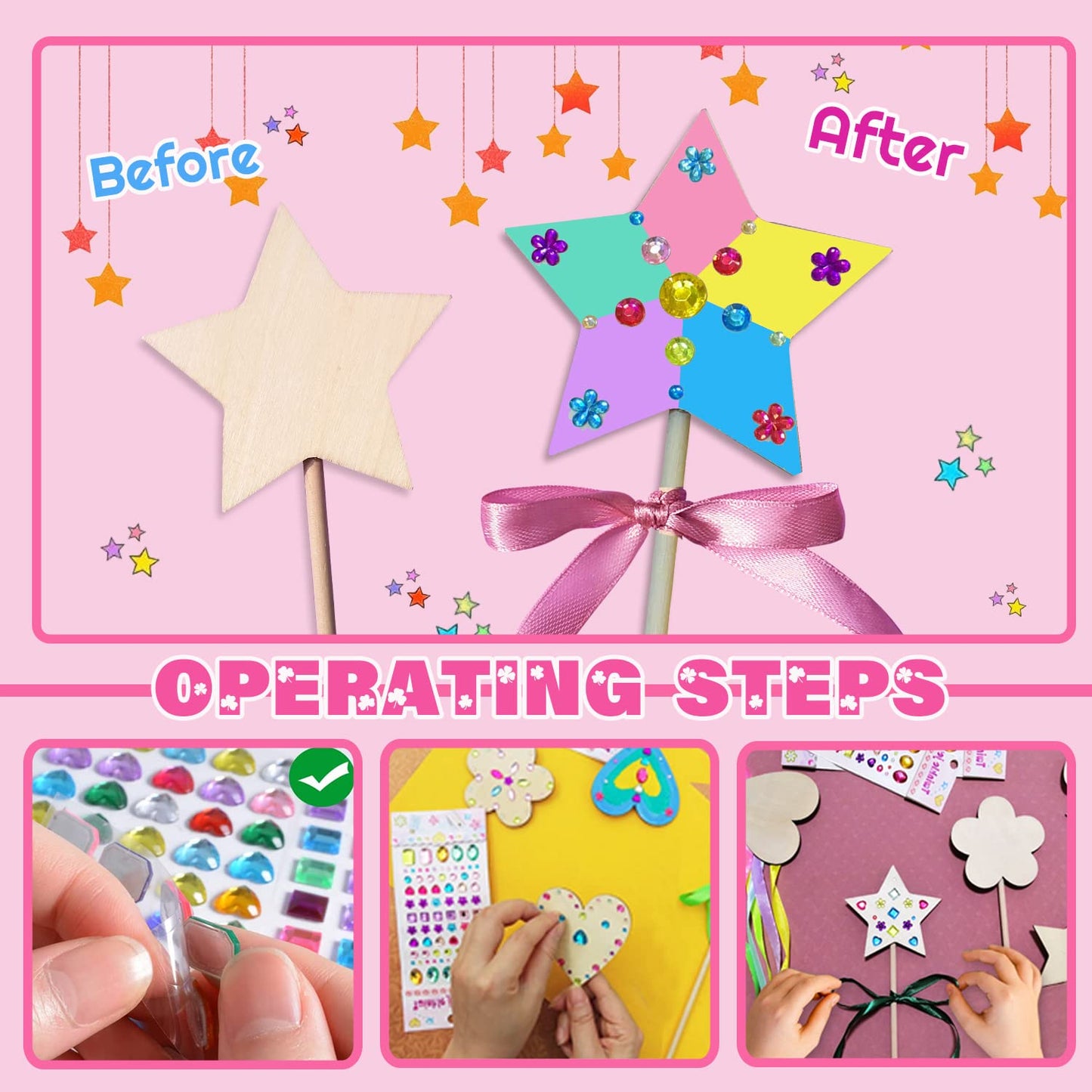 WUBOMJIO Princess Fairy Wands Craft Kit, Kid Birthday Party Supplies Make Your Own Magic Wands Include Unfinished Wooden Fairy Wands, Gem Stickers