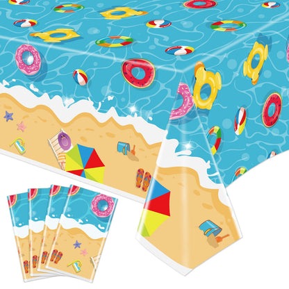 Hegbolke 4 Pack Summer Beach Tablecloths - Hawaiian Decorations Disposable Plastic Table Cover for Summer Beach Swimming Pool Birthday Baby Shower