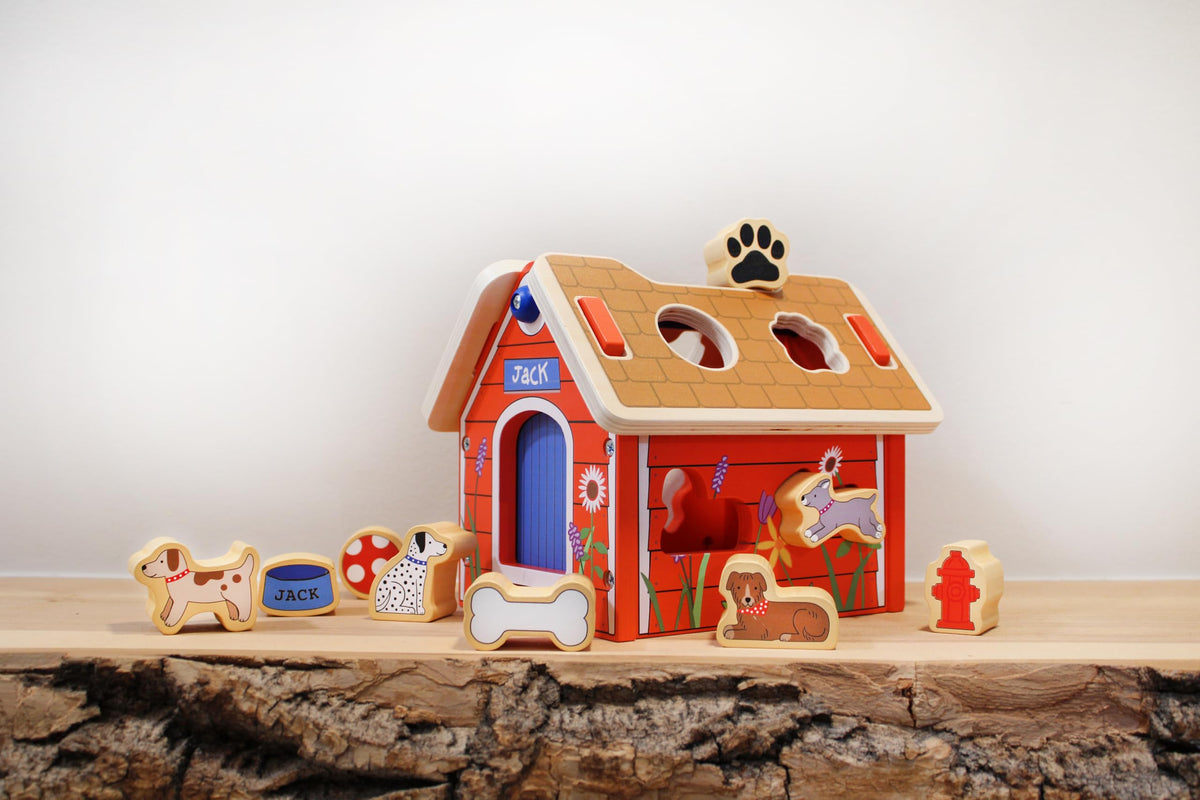Jack Rabbit Creations Wooden Dog House Shape Sorter - 10 Dog Shapes, Montessori Sorting & Matching - FSC Wood, Non-Toxic - Fine Motor Toy, Birthday